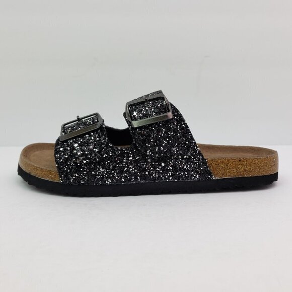 NEW Seekavan Womens Size 6-6.5 Black Glitter Leather Slip On 2 Strap Sandals - Picture 3 of 10